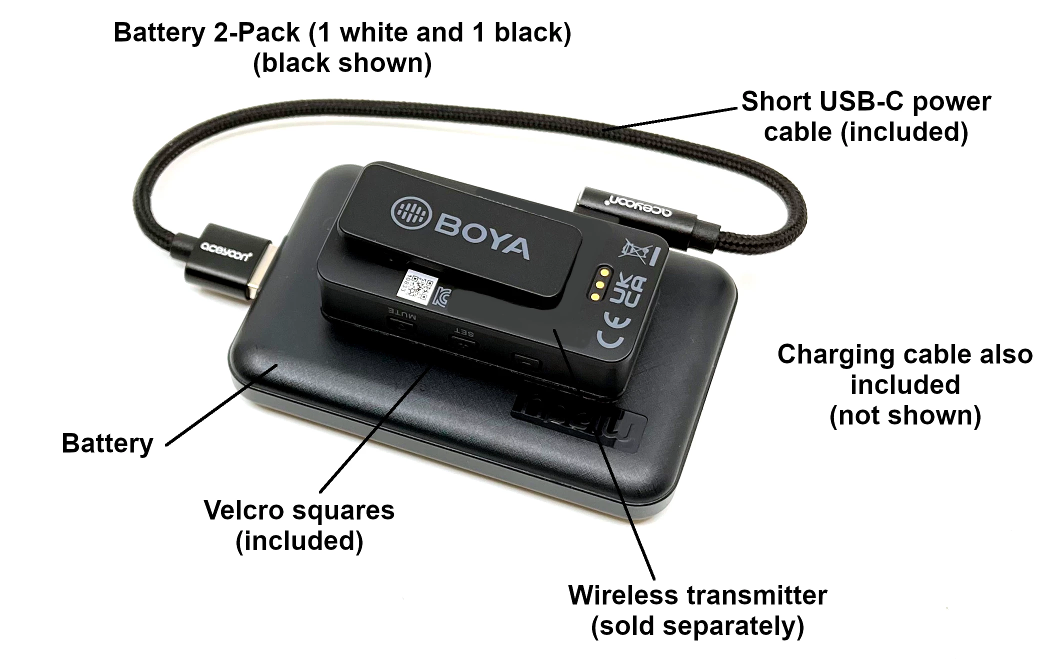 Set of two 65 hour rechargeable power boosters for mini wireless transmitters (Boya, Rode, Luucco) Questions & Answers