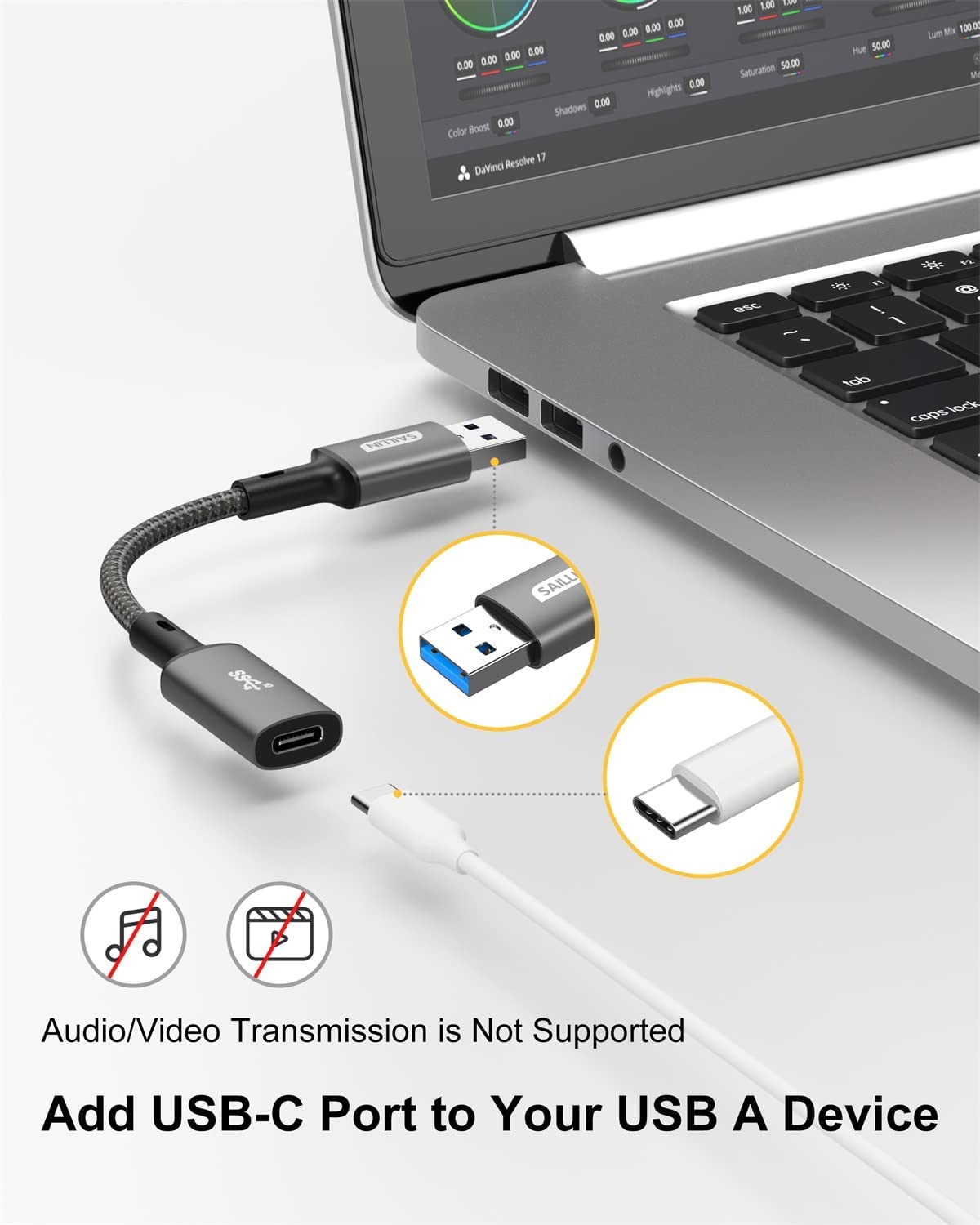 USB-C female to USB-A male adapter cable. Plug a USB-C device into a standard USB port Questions & Answers