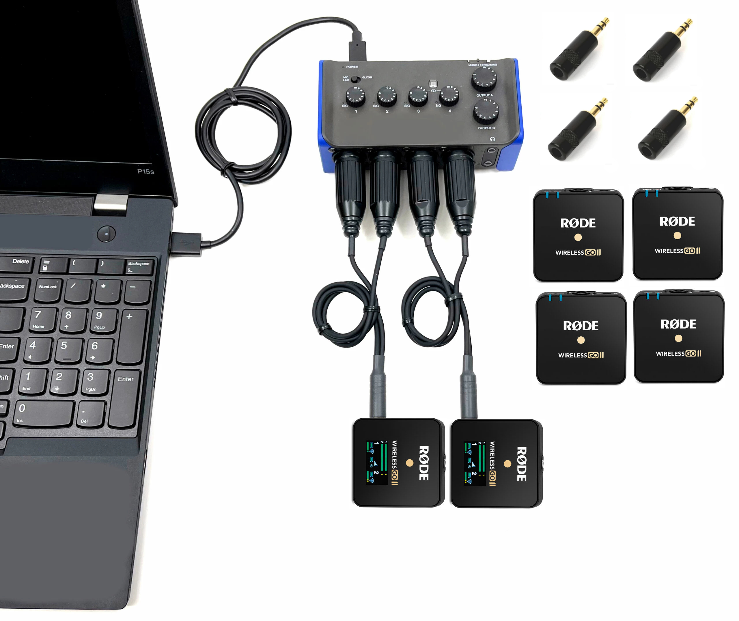Complete 4 wireless microphone system with multitrack interface for Courtrooms and Depositions Questions & Answers